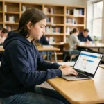Lycéenne connectée à l'ENT sur un ordinateur portable dans une bibliothèque scolaire pour accéder à son emploi du temps en avance
