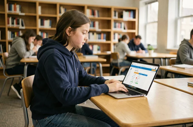 Lycéenne connectée à l'ENT sur un ordinateur portable dans une bibliothèque scolaire pour accéder à son emploi du temps en avance