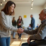 Jeune femme et homme en fauteuil se serrant la main