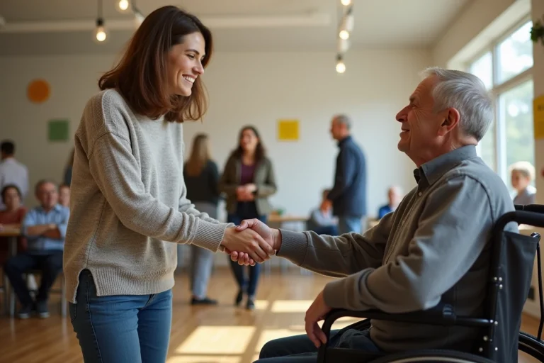 Jeune femme et homme en fauteuil se serrant la main