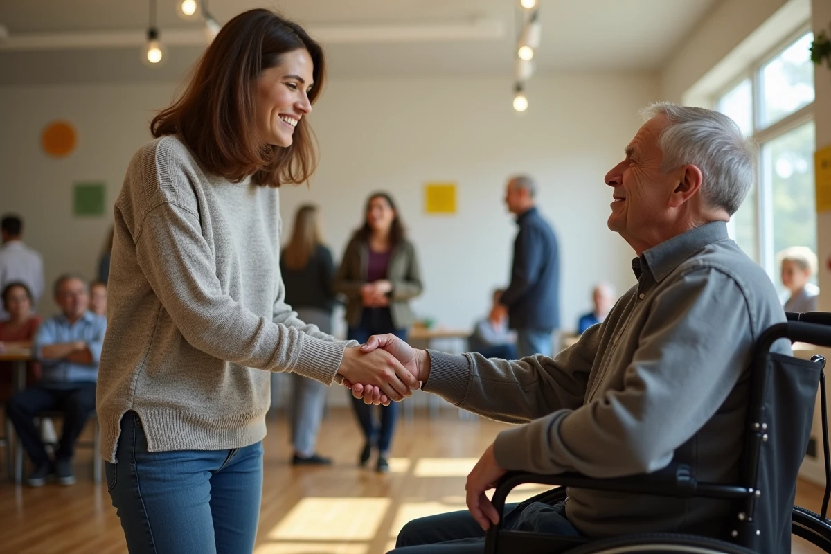 Jeune femme et homme en fauteuil se serrant la main