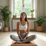 Femme pratiquant la méditation sur un tapis de yoga en liège dans un salon minimaliste lumineux, alliant remise en forme et bien-être au quotidien