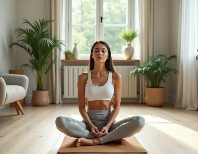 Femme pratiquant la méditation sur un tapis de yoga en liège dans un salon minimaliste lumineux, alliant remise en forme et bien-être au quotidien