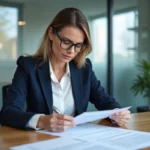 Professionnelle de l'immobilier examinant les mentions légales obligatoires d'un site web immobilier dans un bureau moderne
