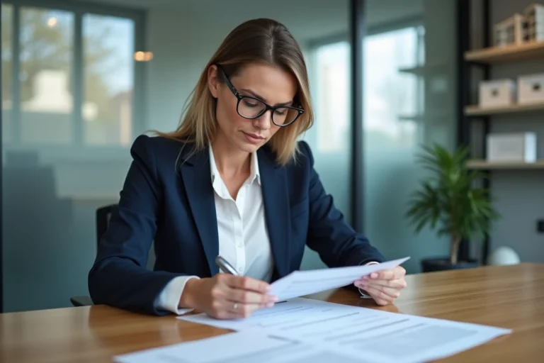 Professionnelle de l'immobilier examinant les mentions légales obligatoires d'un site web immobilier dans un bureau moderne