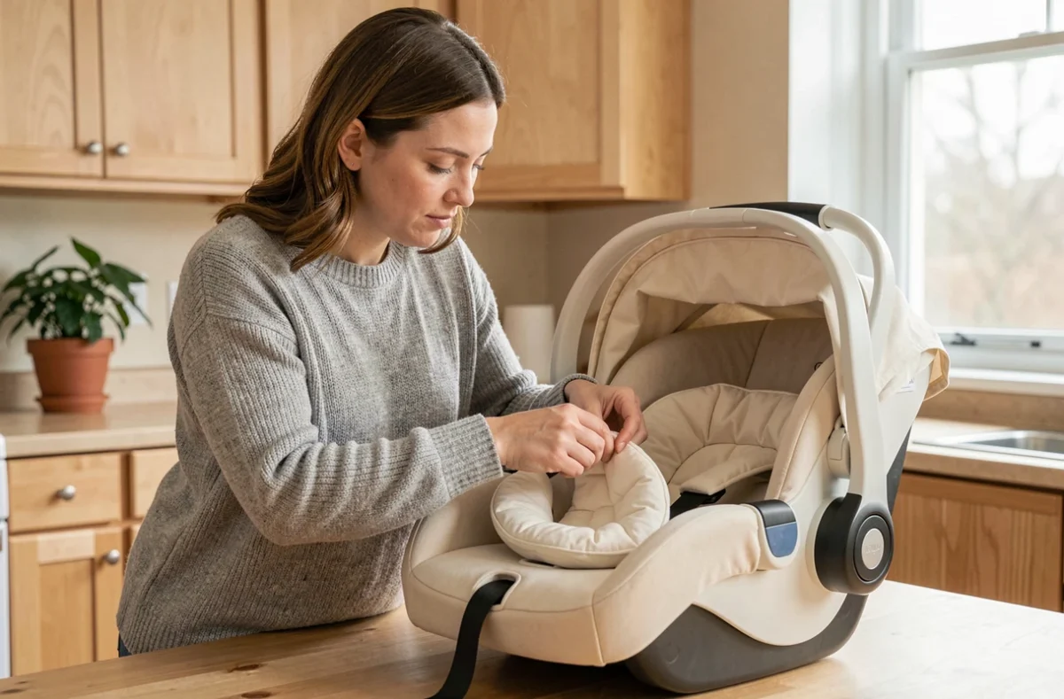 Mère ajustant le réducteur dans un cosy de bébé posé sur une table en bois dans une cuisine lumineuse