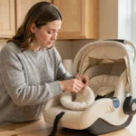 Mère ajustant le réducteur dans un cosy de bébé posé sur une table en bois dans une cuisine lumineuse