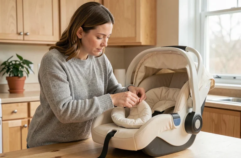 Mère ajustant le réducteur dans un cosy de bébé posé sur une table en bois dans une cuisine lumineuse