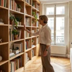 Femme admirant un meuble sur mesure intégré dans un salon parisien avec parquet en chêne et grande fenêtre