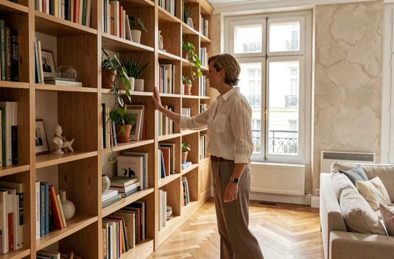 Femme admirant un meuble sur mesure intégré dans un salon parisien avec parquet en chêne et grande fenêtre