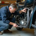 Mécanicien inspectant les fixations d'un side-car monté sur une moto dans un atelier de mécanique