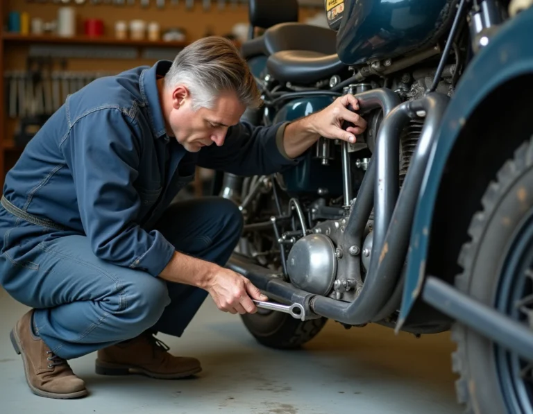 Mécanicien inspectant les fixations d'un side-car monté sur une moto dans un atelier de mécanique