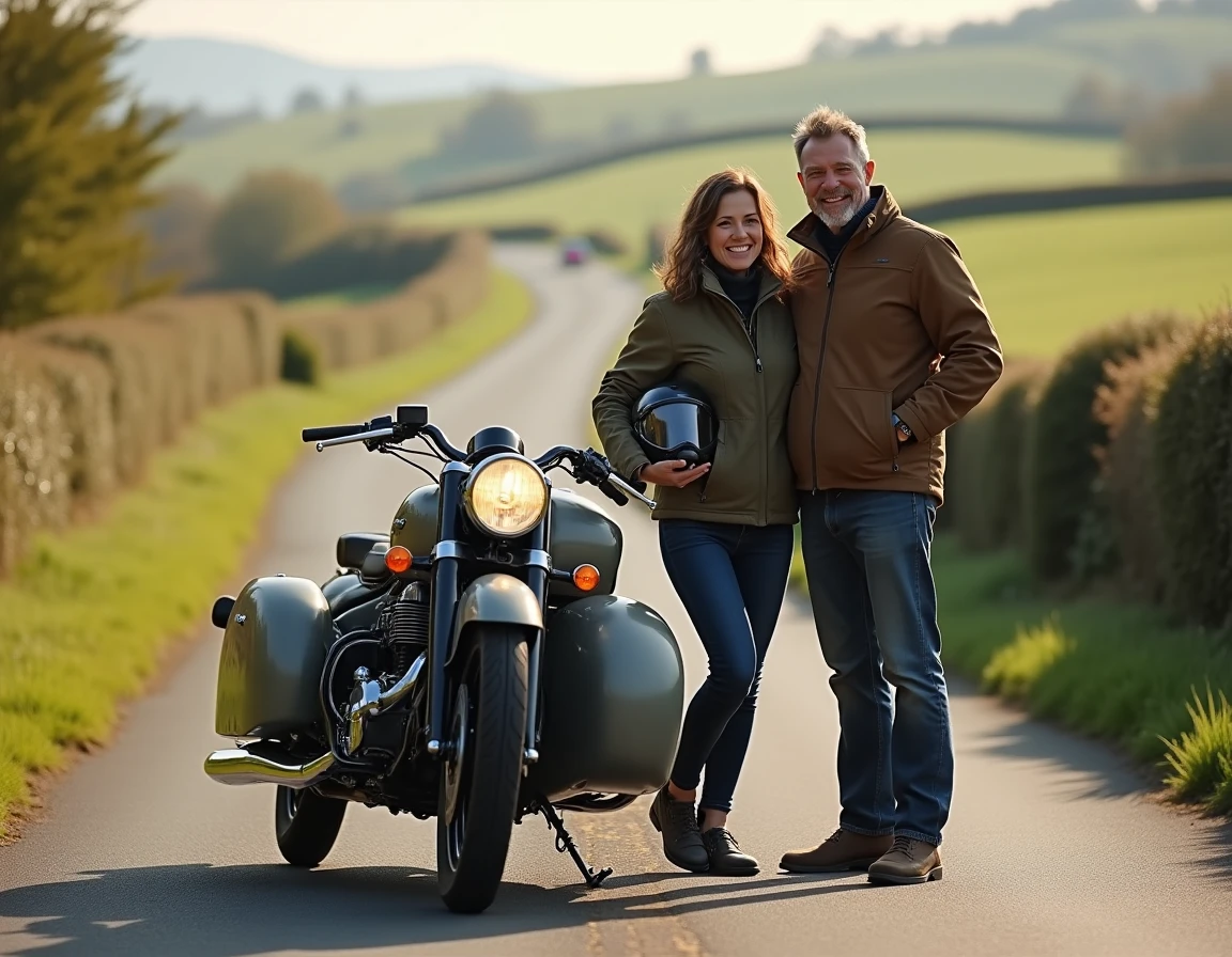 Couple posant à côté d'une moto avec side-car sur une route de campagne