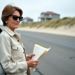 Femme consultant une carte à côté de sa voiture garée dans un parking côtier de Fort Mahon Plage
