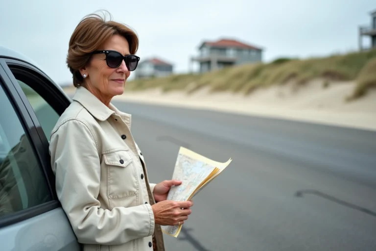 Femme consultant une carte à côté de sa voiture garée dans un parking côtier de Fort Mahon Plage