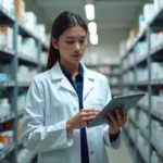 Pharmacienne vérifiant données sur tablette en pharmacie