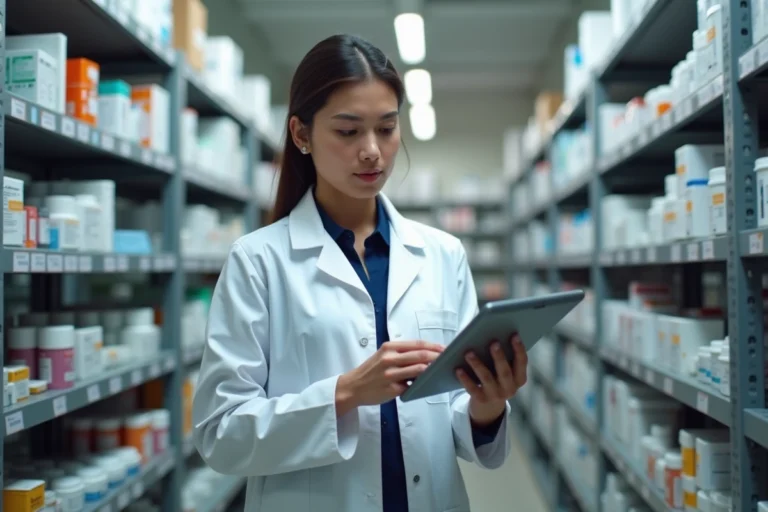 Pharmacienne vérifiant données sur tablette en pharmacie