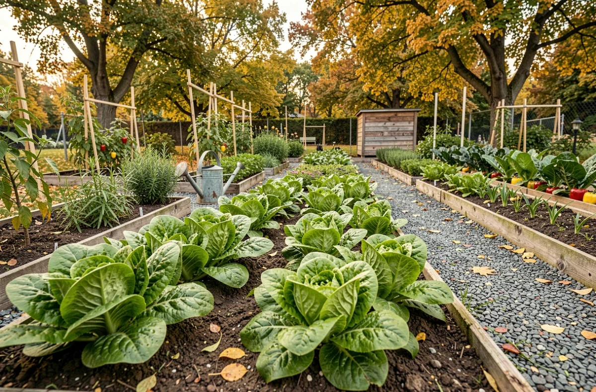Vue grand angle d'un potager communautaire bien organisé avec des rangées de légumes et d'herbes aromatiques en automne