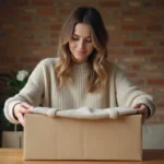 Jeune femme préparant un colis Vinted Go dans son appartement moderne, emballant des vêtements dans une boîte en carton kraft