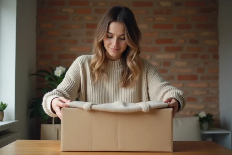 Jeune femme préparant un colis Vinted Go dans son appartement moderne, emballant des vêtements dans une boîte en carton kraft