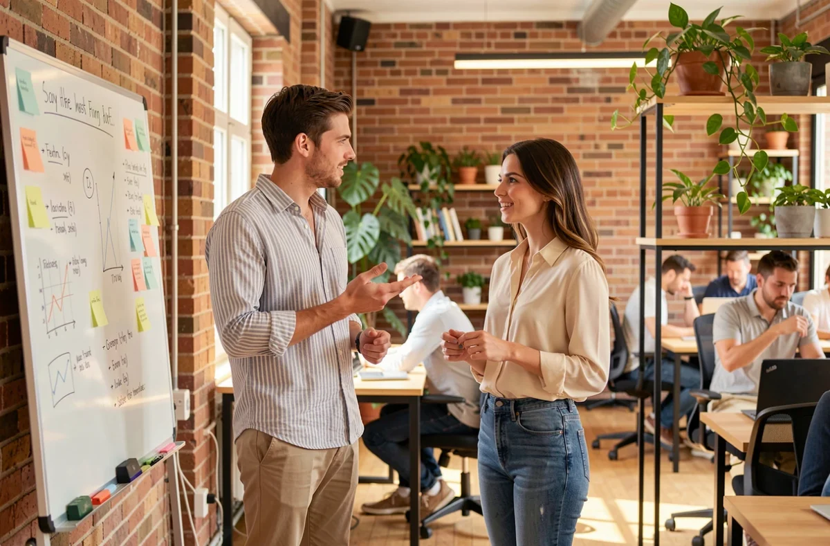 Deux jeunes professionnels qui préparent ensemble une présentation devant un tableau blanc en espace de coworking