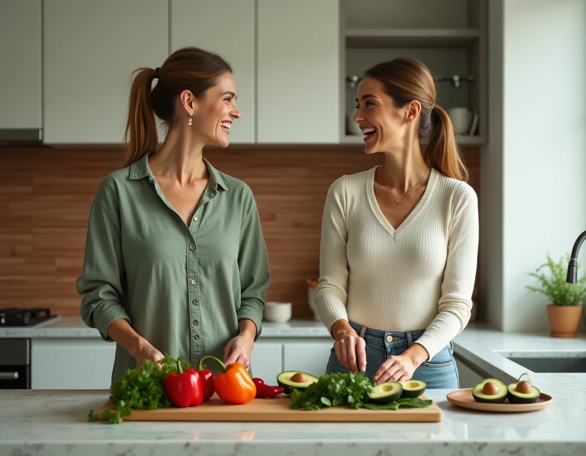 Deux femmes préparant ensemble un repas sain et coloré dans une cuisine moderne, symbolisant l'alliance entre alimentation équilibrée et bien-être au quotidien