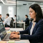 Femme professionnelle travaillant sur un tableau de bord de sécurité informatique dans un bureau moderne en entreprise