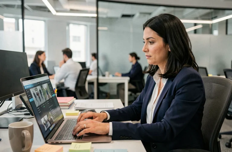 Femme professionnelle travaillant sur un tableau de bord de sécurité informatique dans un bureau moderne en entreprise