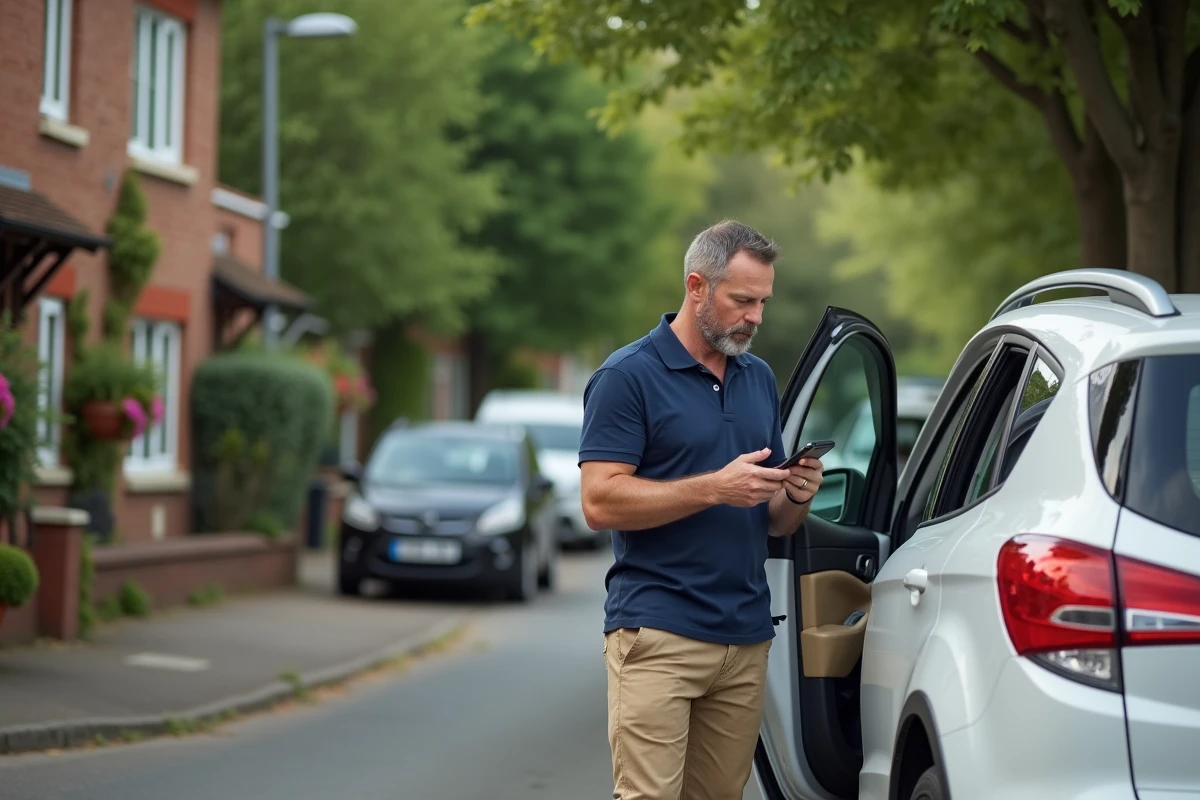 Automobiliste consultant son smartphone pour se garer dans une rue résidentielle de Fort Mahon Plage