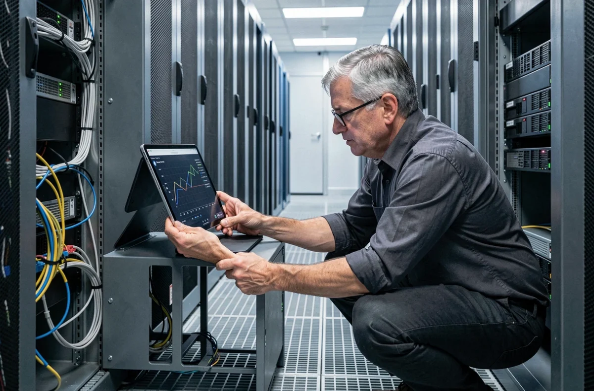Technicien informatique inspectant des serveurs dans une salle de datacenter pour sécuriser les données d'entreprise