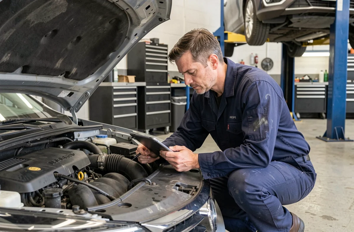 Technicien automobile inspectant le moteur d'une berline moderne dans un garage professionnel avec une tablette de diagnostic