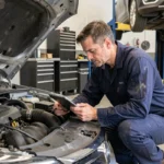 Technicien automobile inspectant le moteur d'une berline moderne dans un garage professionnel avec une tablette de diagnostic