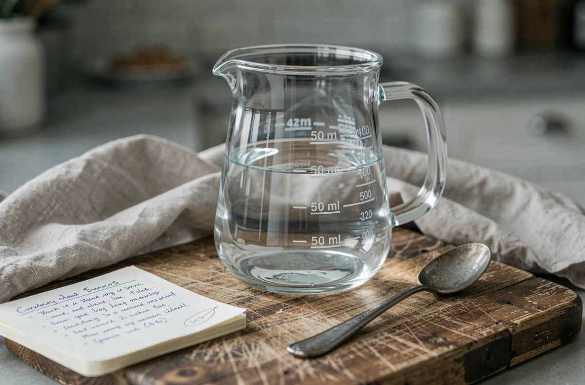 Verre doseur transparent rempli à 500 ml posé sur une planche en bois avec des notes de conversion manuscrites
